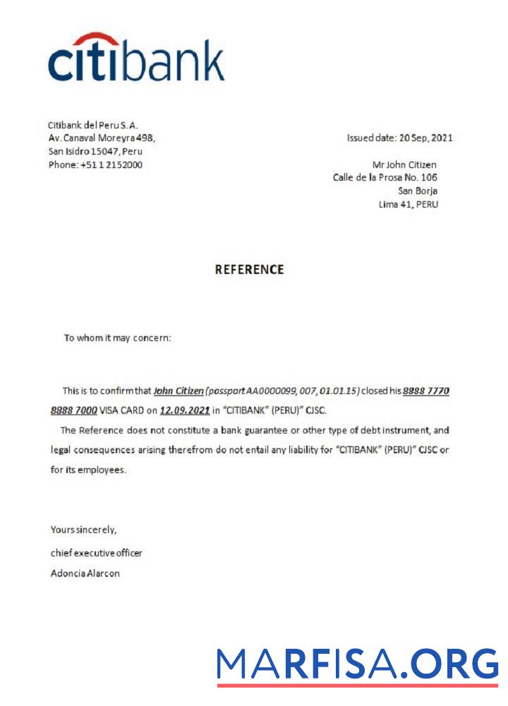 Realistic Peru Citibank closure reference sample